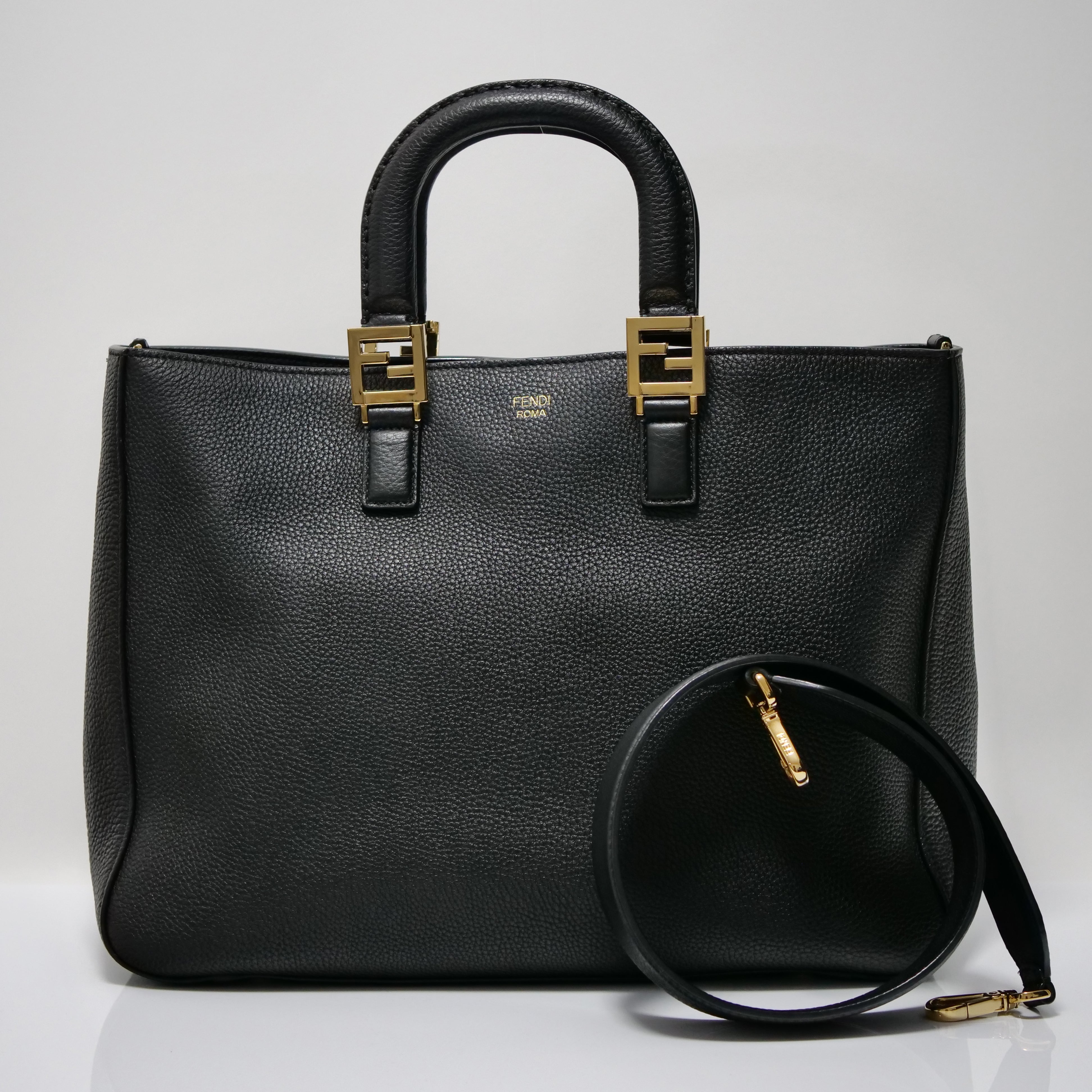 FENDI Selleria FF Tote 2-Way Bag Leather Black