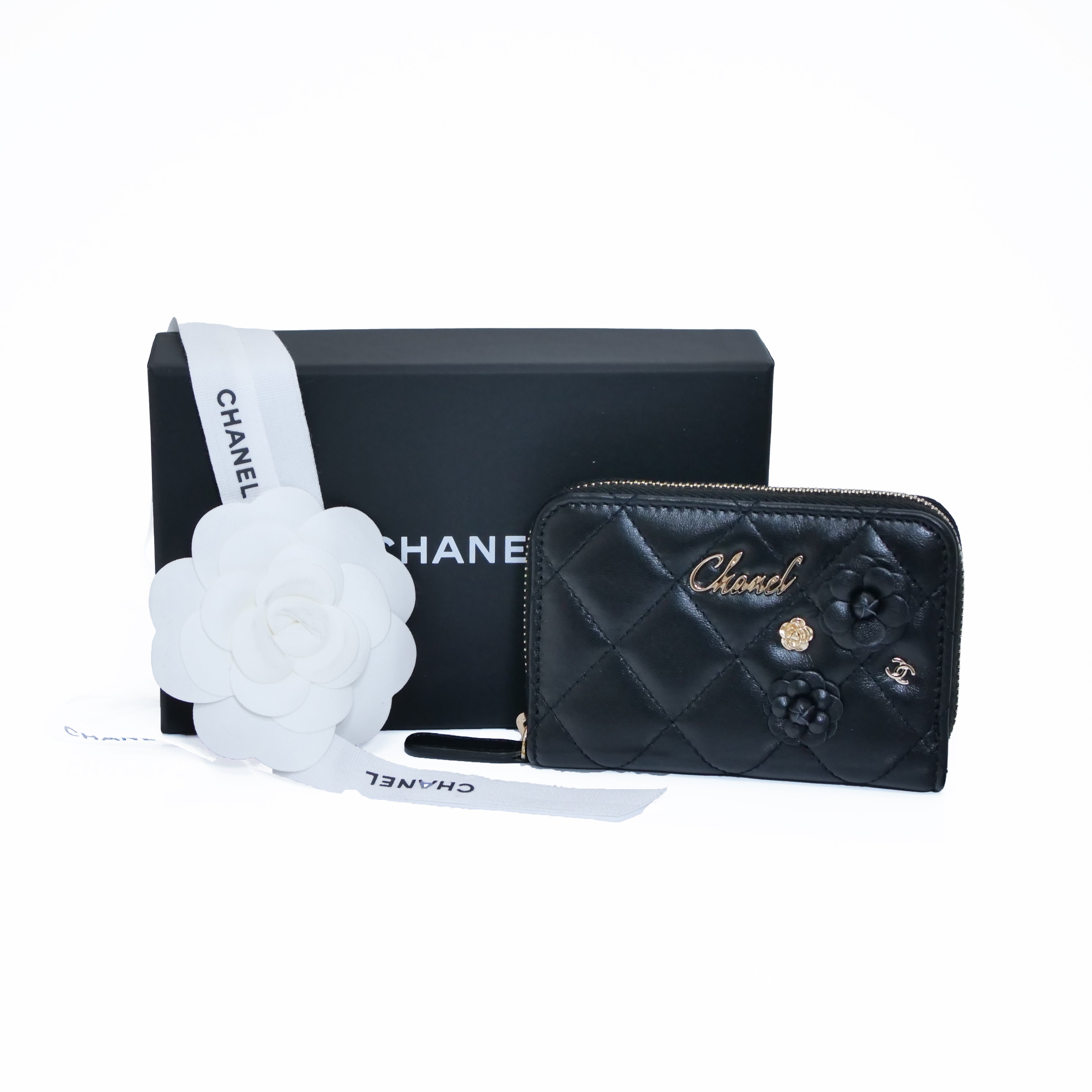 CHANEL Camellia Card Case & Coin Purse Black